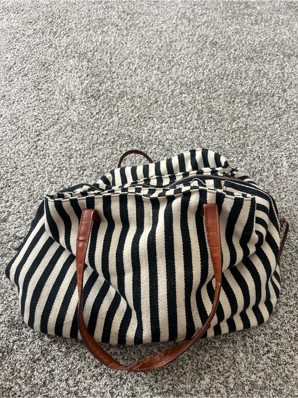 Striped Canvas Tote Bag with Brown Leather Handles